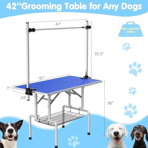 Lyromix 42'' Foldable Dog Grooming Table with Arms/Nooses/Mesh Tray, Blue - Image 6