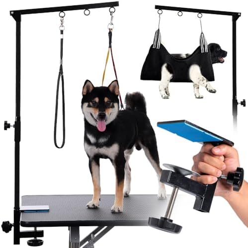 Dog Grooming Table Arm with Hammock - Adjustable Height, Pet Grooming Hammock, No Sit Haunch Holders, Loop Noose Heavy-Duty Clamp (Black) by Phenfor