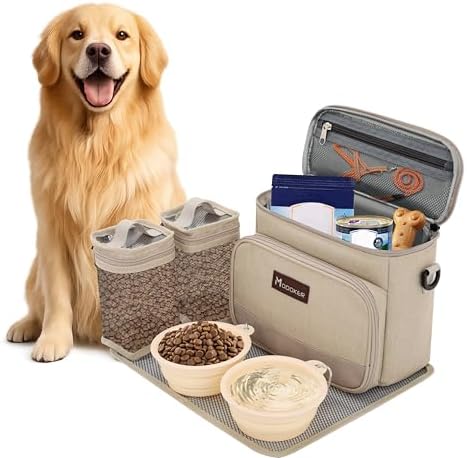 Modoker Compact Dog Travel Bag Set with 2 Bowls and Food Bags, 7.6L Beige by Modoker