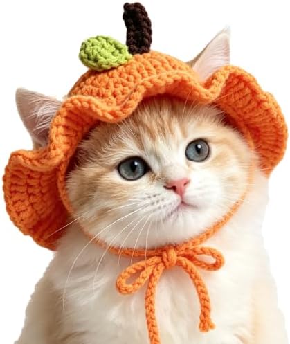 Orange Cat Hat, Cotton & Soft Cute Knitted Hats for Cats Birthday Party Spring Christmas Puppy Hat for Small Pets (Orange,M) by floofelove