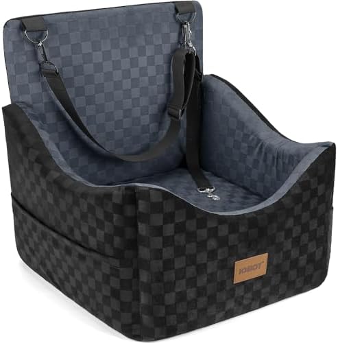 JOEJOY Elevated Dog Car Seat for Small/Medium Dogs up to 35 lbs, Memory Foam Booster Seat with Detachable Washable Cover, Travel-Safe Car Bed with Safety Belts & Storage Pockets, Dark Grey by JOEJOY