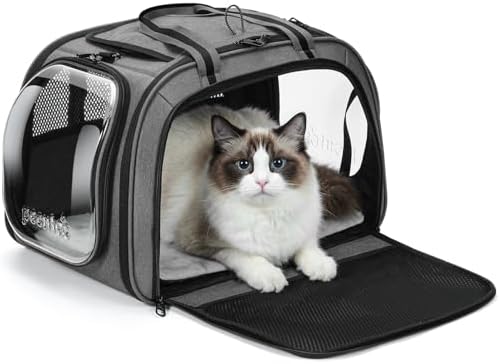 Pecute Cat Carrier,Double Bubble Pet Carrier for Cat Small Dogs,Gray,L by pecute