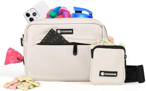 Dog Treat Pouch with Removable Small Pet Training Treat Pouches, Built-in Poop Bag Dispenser, Adjustable Shoulder Strap Cross Body Dog Walking Bag (Beige) by COOWONE