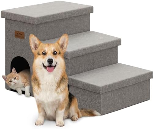 Zerbuger Dog Stairs with Storage, Grey 3 Steps Dog Ramp with Condo for Bed by Zerbuger