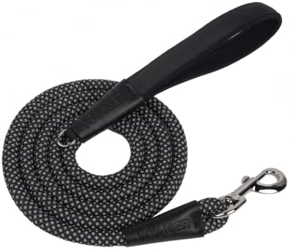 Voyager by Best Pet Supplies Round Rope Reflective Dog Leash - Soft Neoprene Handle & Tangle-Free Hook - Heavy Duty, Strong Durable Lead for Large/Medium/Small Dogs - Black, 3/8” x 5' by BestPetSuppliesLLC