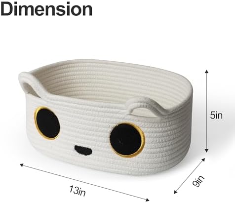 White Cat Toy Basket, Small Woven Cat Toy Storage Box with Cute Ears Handle Indoor, Cotton Rope Storage Bin with Embroidered Face for Home Decor, Pet Bed, Baby Nursery Kids Room Organization - Image 2