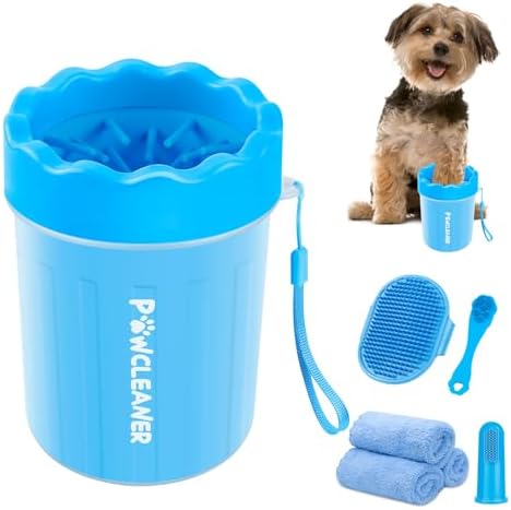 Professional 7 in 1 Dog Paw Cleaner for Dogs & Cats - Includes 1 Portable Paw Washer, 1 Bath Brush, 2 Dog Toothbrushes and 3 Absorbent Towels Note: Fits Paws up to 2 Inches Wide (Small, Blue) by Comotech