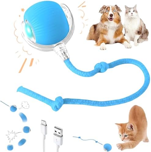 Interactive Electric Automatic Rolling Moving Rechargeable Self Play Stimulation Toy,Smart Pet Chase with Speedy Tail Rope for Bored Indoor Cats (Blue) by Unknown