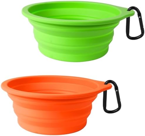 PetBonus 2-Pack Large Silicone Collapsible Dog Bowls, 34oz/1000ml BPA Free Portable Foldable Travel Bowl for Pet Cat, Food Water Feeding Dish for Camping with 2 Carabiners (Green, Orange) by Petbonus