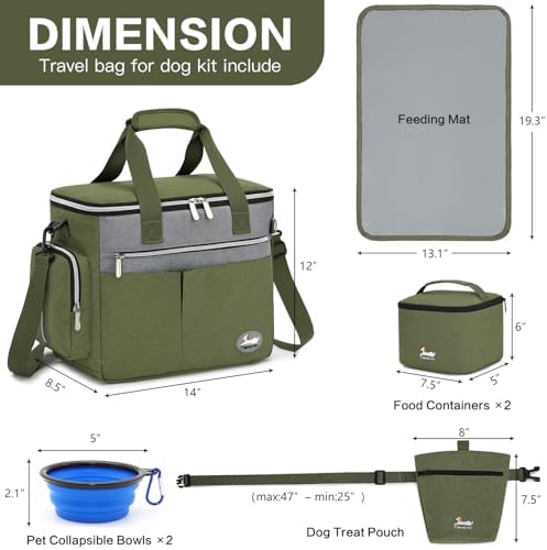 Dog Travel Bag for Pet Kit for Supplies with 2 Food Storage Containers 2 Collapsible Bowls 1 Feeding Mat 1 Dog Treat Pouch 7-Piece Set Perfect Road Trips Camping Weekend (Olive Green) - Image 3
