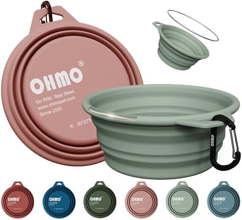 OHMO Large Collapsible Dog Bowls, Steel Rim, 27oz, 2pcs, Coral&Sage Green by OHMO