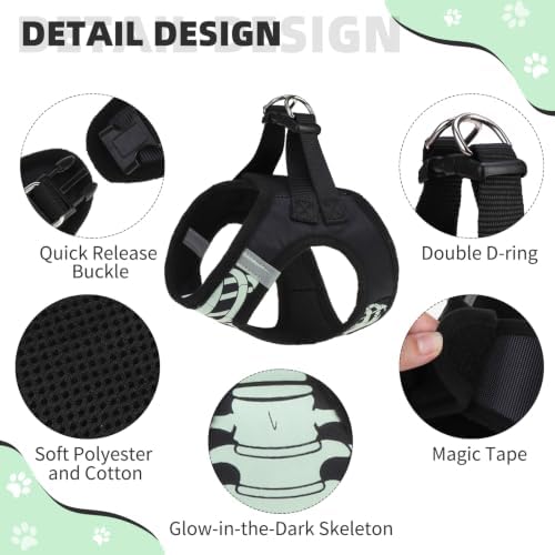 KOOLTAIL Halloween Dog Harness and Leash Set for Small Medium Dogs,Step in No Pull Soft Mesh Comfort Padded Pet Vest Harness,Glow-in-Dark Skeleton Design Easy Walking Puppy&Cat Harness for Holiday S - Image 6
