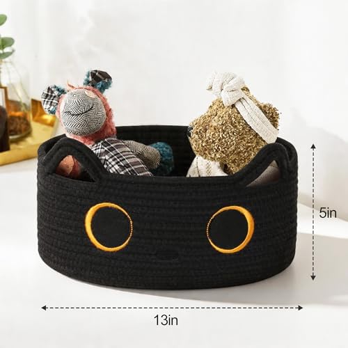 Cute Cat Toy Basket, Small Cotton Rope Toy Bin Box for Cats, Woven Organizer with Embroidered Face, Decorative Storage for Shelf, Desktop, Indoor Pet Bed, Halloween Basket Decor, Black - Image 2