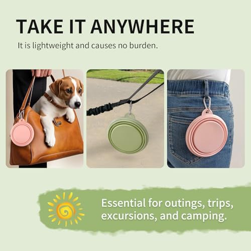 Collapsible Dog Bowls 2-Pack, Portable Travel Dog Bowl with Carabiner, Food-Grade Silicone Pet Bowl for Hiking, Walking (Macaron Pink and Green) - Image 5