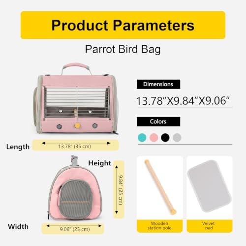 Small Bird Travel Carrier, Wire Grid Window Bird Bag to Carry Cockatiel Parakeet Budgies with Standing Perch (Pink, Cylinder Design - Steel Window) - Image 2