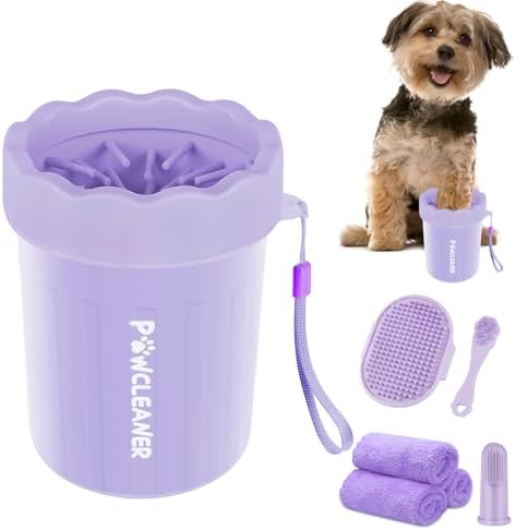 Professional 7 in 1 Dog Paw Cleaner for Dogs & Cats - Includes 1 Portable Paw Washer, 1 Bath Brush, 2 Dog Toothbrushes and 3 Absorbent Towels Note: Fits Paws up to 2 Inches Wide (Small, Purple) by Comotech