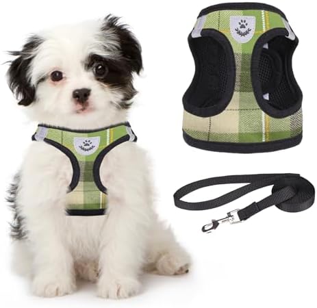 KOOLTAIL Dog Harness and Leash Set for Small Medium Dogs, Step in No Pull Soft Mesh Dog Harness Comfort Padded Pet Vest, Adjustable Reflective Easy Walking Puppy Cats Harness Training, Plaid Green XS by KOOLTAIL