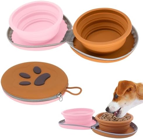 Collapsible Dog Bowls, 2-in-1 Pet Food Water Feeder Brown Pink by PawSailor