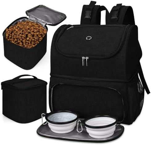 BAGLHER Pet Travel Bag, Double-Layer Pet Supplies Backpack (for All Pet Travel Supplies), Pet Travel Backpack with 2 Silicone Collapsible Bowls and 2 Food Baskets Black by BAGLHER
