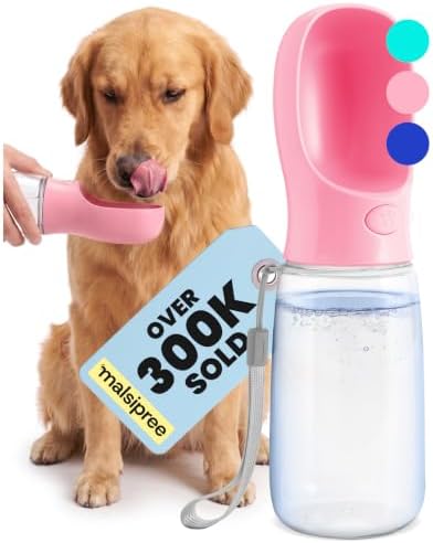 MalsiPree Leak-Proof Portable Dog Water Bottle for Travel - 19 oz, with Pink Bowl - Food Grade Plastic - Dog Bowls - Puppy Essentials - Pet Water Bottle for Trail Hiking, Park Visit & Beach Days by MalsiPree