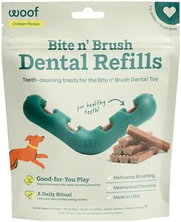 WOOF Bite n' Brush Dog Dental Stick Refills for Chew Toy, Chicken, 18 Count by Woof