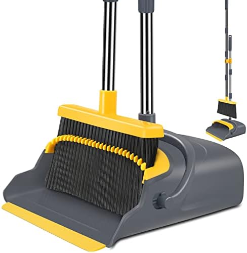 Upgrade Broom and Dustpan Set, Broom with Dustpan Combo Set, Self-Cleaning with Dustpan Teeth, Indoor&Outdoor Sweeping, Stand Up Broom and Dustpan (Gray&Yellow) by Kelamayi