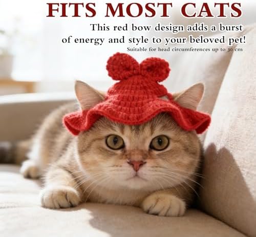 Bow Cat Hat, Cotton & Soft Cute Knitted Hats for Cats Birthday Party Spring Christmas Puppy Hat for Small Pets (Red, M) - Image 3