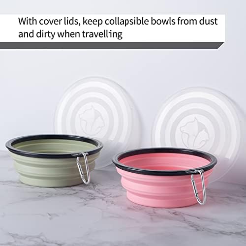 SLSON Dog Bowls Pet Collapsible Bowl with Cover Lids,2 Pack Dog Travel Bowls Portable Foldable Cat Water Dish Bowl for Pets Walking Parking Camping (Fairy Pink and Sprout Green, Large) - Image 2