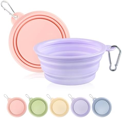 Collapsible Dog Bowls 2-Pack, Portable Travel Dog Bowl with Carabiner, Food-Grade Silicone Pet Bowl for Hiking, Walking (Macaron Pink and Violet) by TECOPH
