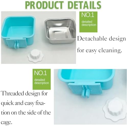 kathson Crate Dog Bowl, Removable Stainless Steel Hanging Pet Kennel Cage Bowl Food & Water Feeder Coop Cup for Puppy, Cat, Rabbit, Guinea Pigs 2pcs Small Square(Blue, Green) - Image 3