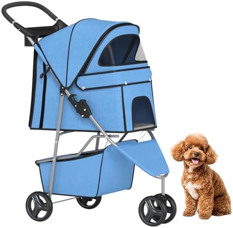 BestPet | 3-Wheel Pet Stroller | Blue | Foldable Dog and Cat Stroller by BestPet