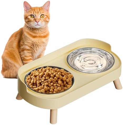 Elevated Cat Bowl, Raised Cat Food and Water Bowl Set for Indoor Cats, Splash Proof with 2 Stainless Steel Pet Food Bowls for Cats and Puppies, Whisker Fatigue and Dishwasher Safe - Yellow by HIAIEVIY