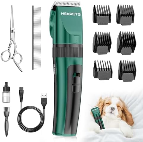 HEAPETS Dog Clippers for Grooming, Low Noise, Electric Quiet, Adjustable Clipper Comb, Rechargeable Cordless Dog Hair Clippers for Dogs Cats Pets, Green by Heapets