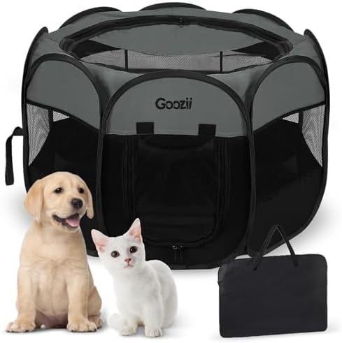Goozii Portable Puppy Playpen Indoor, Small Dog Playpen, Pop Up Kitten Cat Play Pen Tent for Outdoor, Foldable Pet Cage Crate Kennel with Zip Gate Top Cover Bottom for Travel Camping RV Car (Black) by Goozii