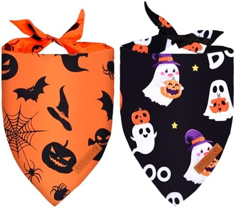 2 Pieces Halloween Dog Bandanas, Double-Sided Reversible Triangle Scarf, Cute Ghost and Pumpkin Design, Spooky Cat and Spider Pattern, Halloween Pet Costume Accessories for Dogs and Cats (Medium) by Kreyfer
