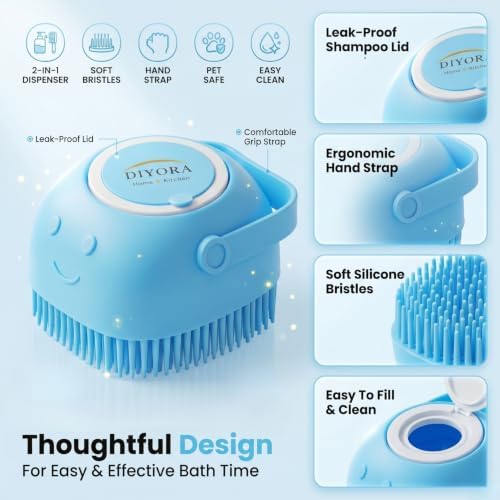 DIYORA Pet Shampoo Brush, 2-in-1 Silicone Bath Brush with Soap Dispenser for Dogs & Cats, Grooming, Massaging, Shedding & Deep Cleaning Tool for Short Hair, Long Hair & Small Pets(Blue) - Image 3