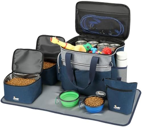 Dog Travel Bag for Pet Kit for Supplies with 2 Food Storage Containers 2 Collapsible Bowls 1 Feeding Mat 1 Dog Treat Pouch 7-Piece Set Perfect Road Trips Camping Weekend (Navy Blue) by Unknown