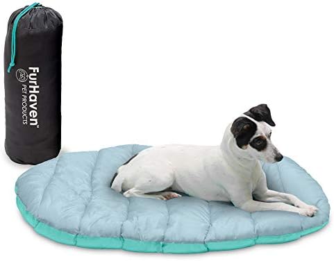 Furhaven Outdoor Travel Dog Bed for Small Dogs w/ Carry Bag, Washable & Foldable, Great for Crates & Kennels - Trail Pup Travel Pillow Mat w/ Stuff Sack Bag - Aqua/Granite Gray, Small by FurHaven
