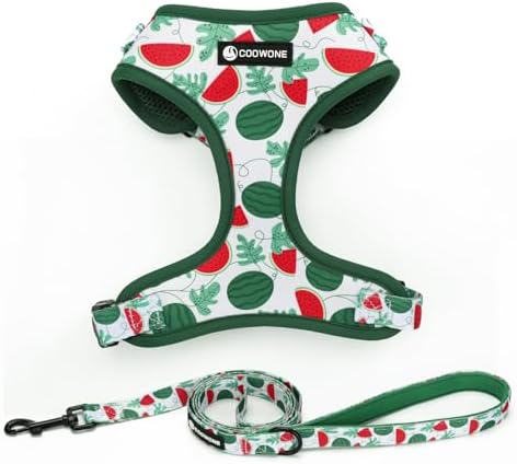 Dog Harness and Leash Set, Adjustable Dog Harness, Dog Leash, No Pull No Choke Puppy Harnesses for Walking Training for Small Medium Pet (Green Watermelon, L(Chest 18.5-27.1", Neck 14.5-20.1")) by COOWONE