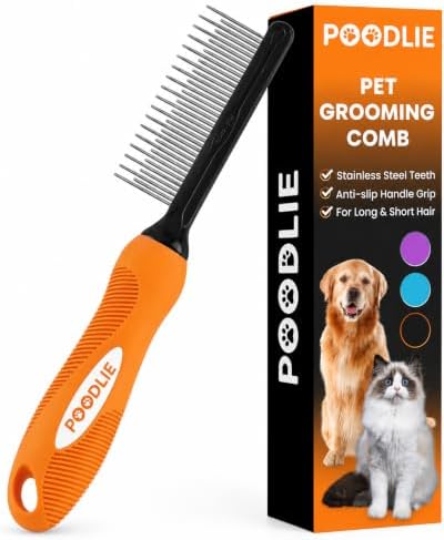 Poodle Grooming Comb - Metal Dematting Comb with Long & Short Stainless Steel Teeth for Removing Matted Hair & Knots, Safe and Gentle for Dogs & Cats (Orange) by Poodlie