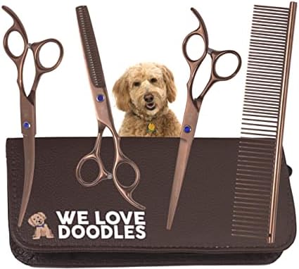 Dog Grooming Scissors Kit, 4 Pieces, Curved, Straight & Thinning Shears Set by WeLoveDoodles