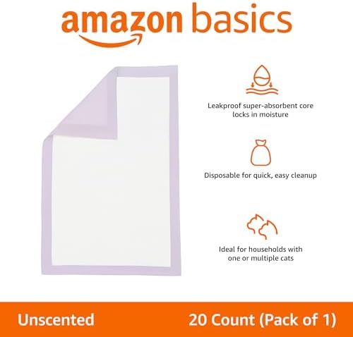 Amazon Basics Cat Pee Pads, Super Absorbent, Odor Control, Universal Fit for Litter Box, Disposable, Multi-Cat, Unscented, Purple and White, 20 Count - Image 2