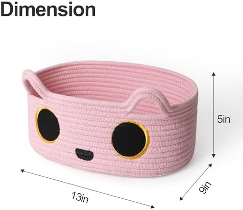Pink Cat Toy Basket, Small Woven Cat Toy Storage Box with Cute Ears Handle Indoor, Cotton Rope Storage Bin with Embroidered Face for Home Decor, Pet Bed, Baby Nursery Kids Room Organization - Image 2
