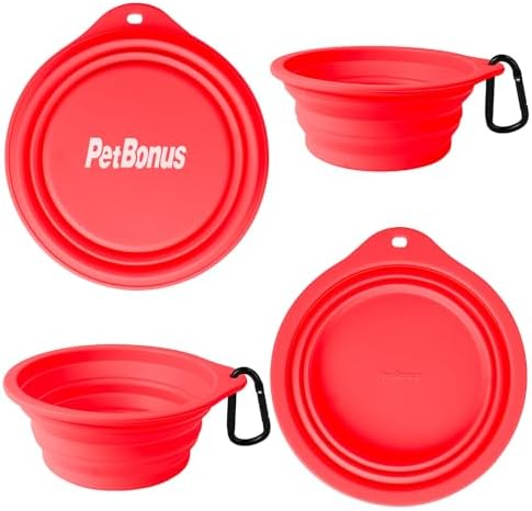 PetBonus 2-Pack Silicone Collapsible Dog Bowls, BPA Free Dishwasher Safe, Portable Foldable Expandable Travel Bowl, Food Water Feeding Cup Dish for Dogs Cats with 2 Carabiners (Black, Red) - Image 2