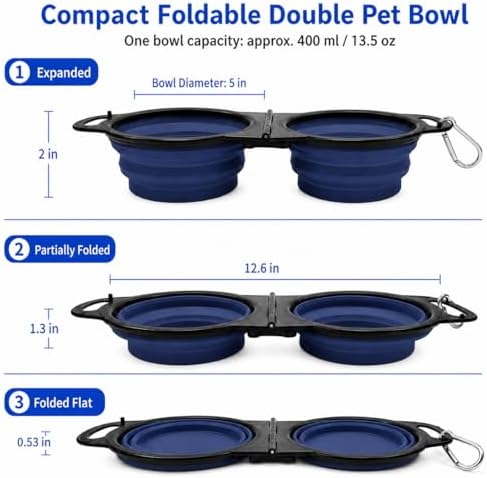 Double Collapsible Dog Bowls for Travel, Food & Water with Clip, Navy Blue - Image 2