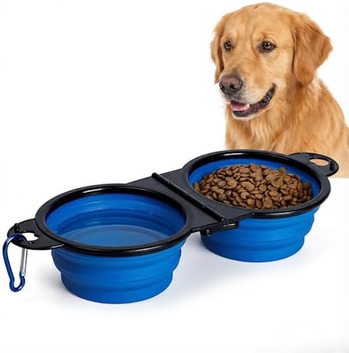 Double Collapsible Dog Bowls for Travel, Food and Water Set with Clip, Blue by 7CAIHOME