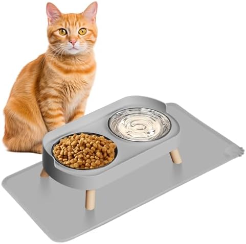 Elevated Cat Bowl with Food Mat, Raised Cat Food and Water Bowl Set for Indoor Cats, Splash Proof with 2 Stainless Steel Pet Food Bowls for Cats and Puppies,Whisker Fatigue and Dishwasher Safe (Grey) by HIAIEVIY
