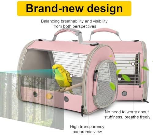 Small Bird Travel Carrier, Wire Grid Window Bird Bag to Carry Cockatiel Parakeet Budgies with Standing Perch (Pink, Cylinder Design - Steel Window) - Image 3