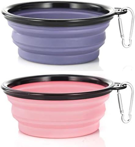 Dog Bowl Pet Collapsible Bowls, 2 Pack Collapsible Dog Water Bowls for Cats Dogs, Portable Pet Feeding Watering Dish for Walking Parking Traveling with 2 Carabiners (Small, Purple+Fairy Pink) by SLSON