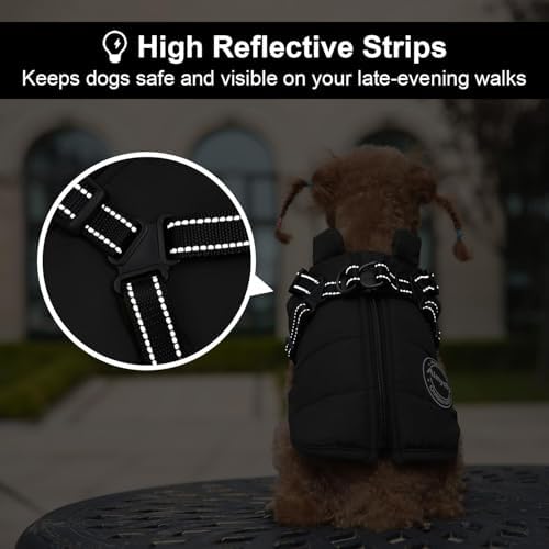 Warm Dog Winter Coat, Windproof Cold Weather Jacket, Reflective & Adjustable Black Pet Vest with Harness, Thick Polar Fleece Lining Cozy Apparel for Small Medium Dogs & Cats - Image 6